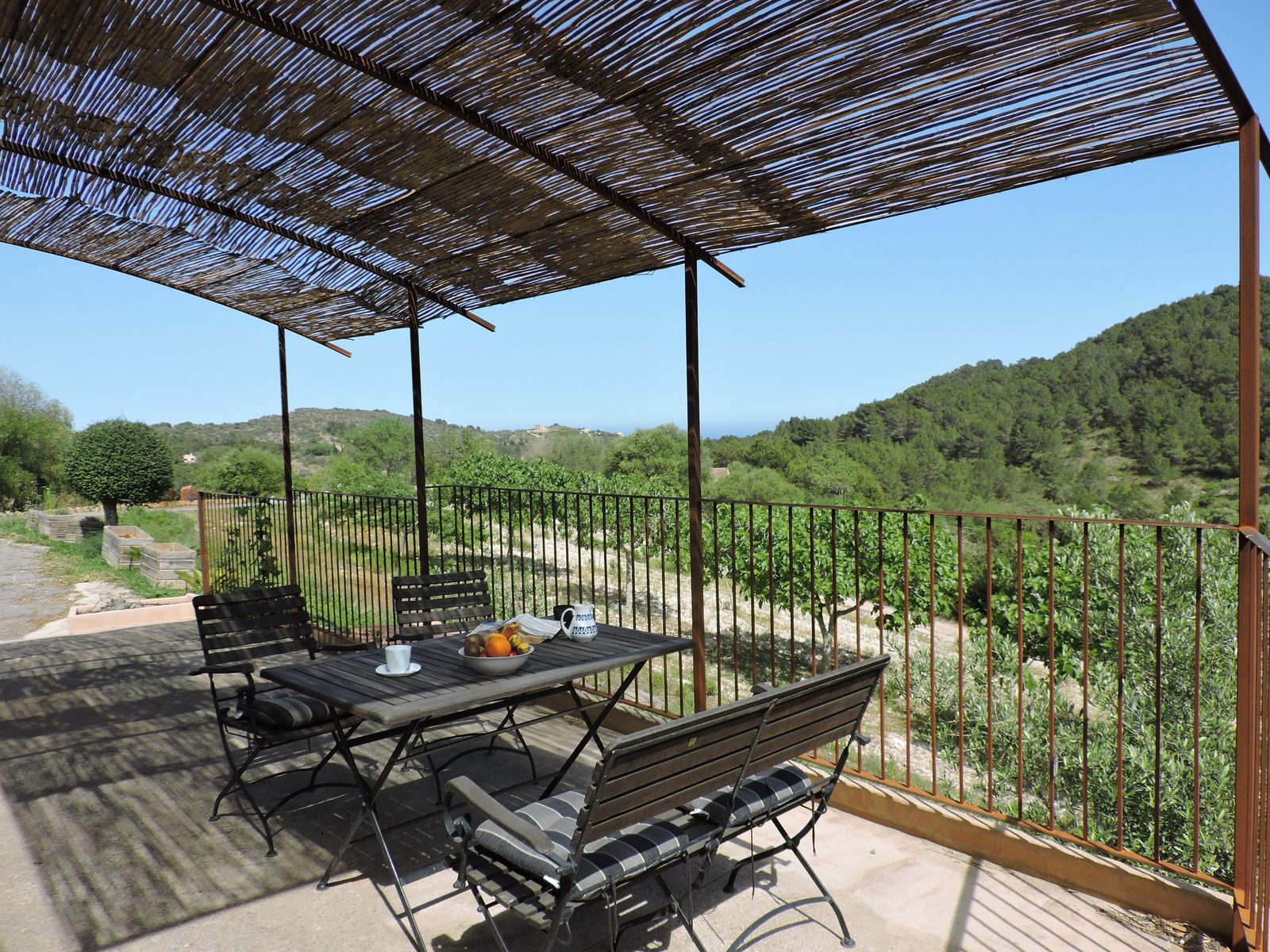 Überdachte Terrasse des Apartments mit Blick ins Grüne